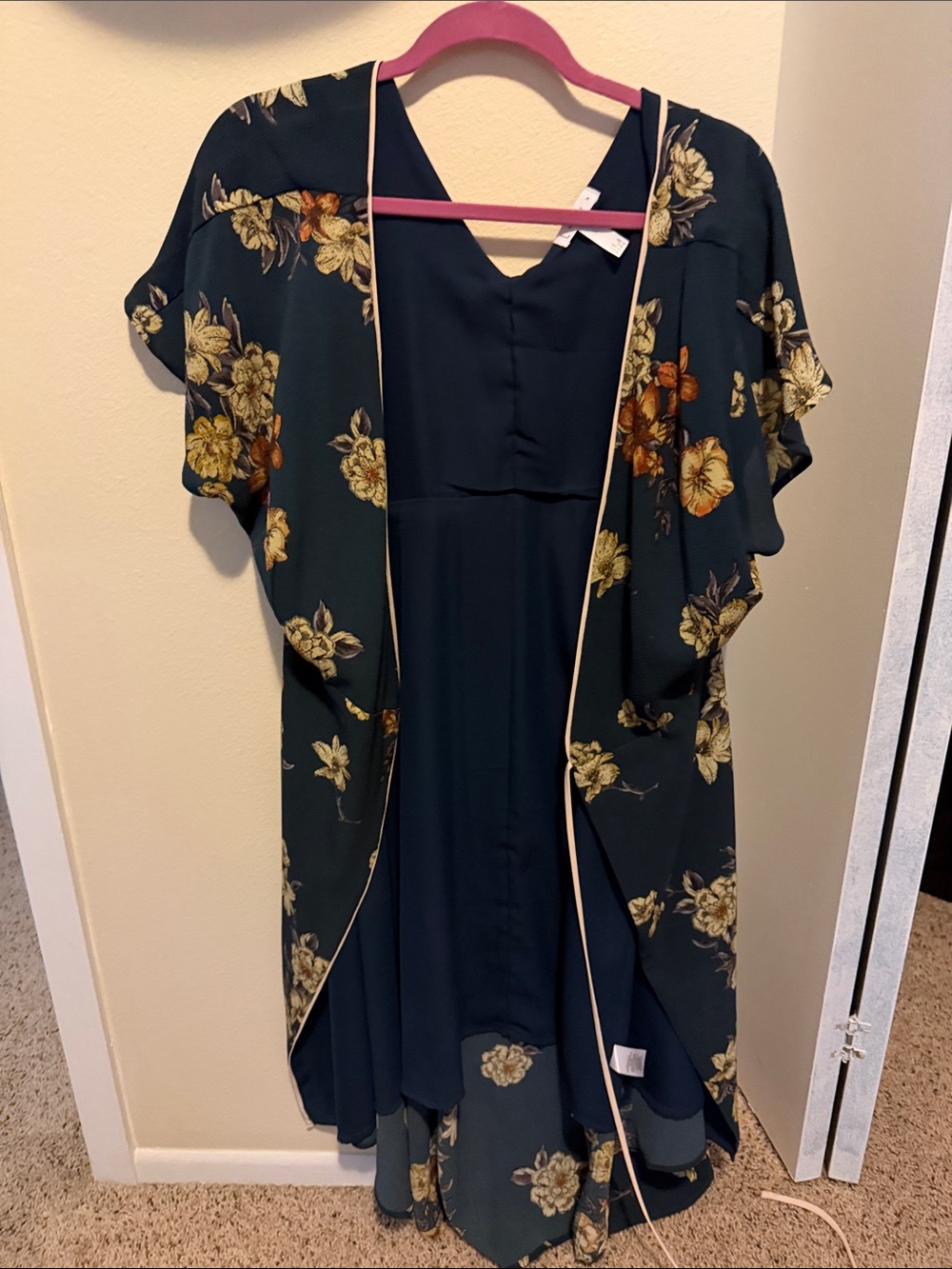 Leith Dark Green Floral Midi Dress with Cream Trim